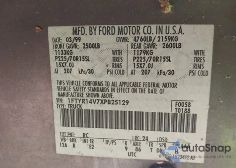 1999 Ford Ranger Xl/Xlt from USA, damaged, VIN 1FTYR14V7XPB25129